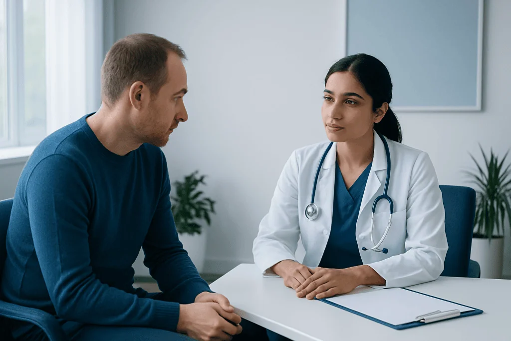 Doctor consulting with a male patient in a modern medical office.