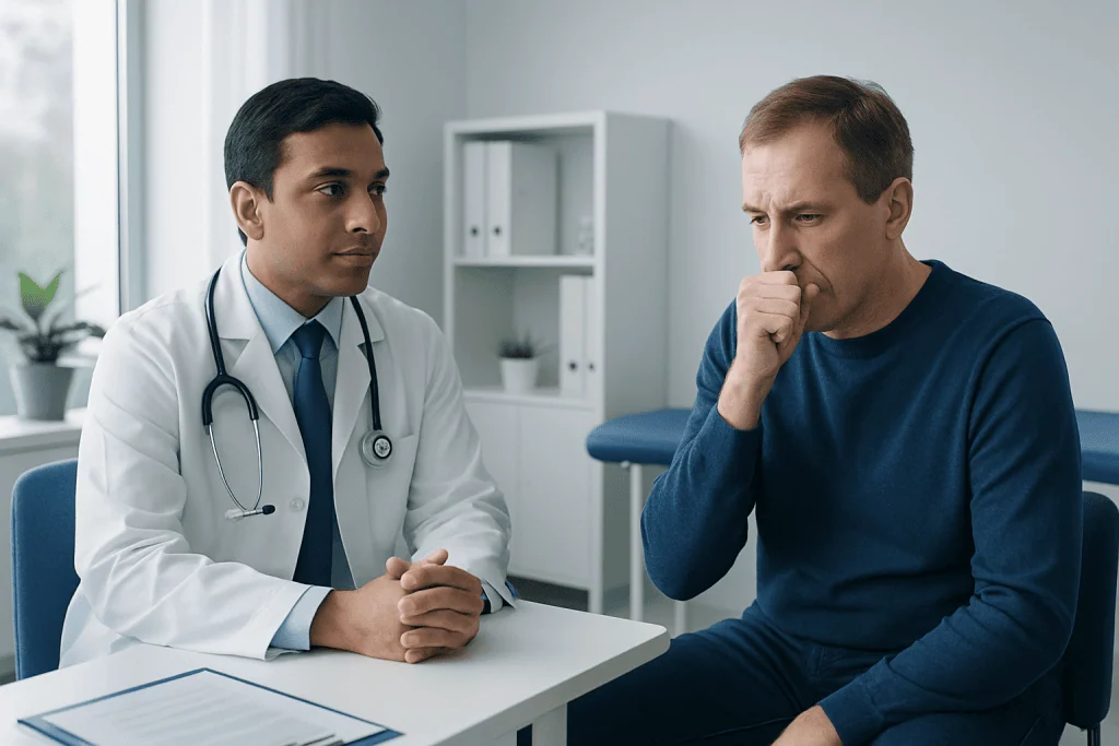Doctor consulting with a patient about persistent hiccups in a medical office.
