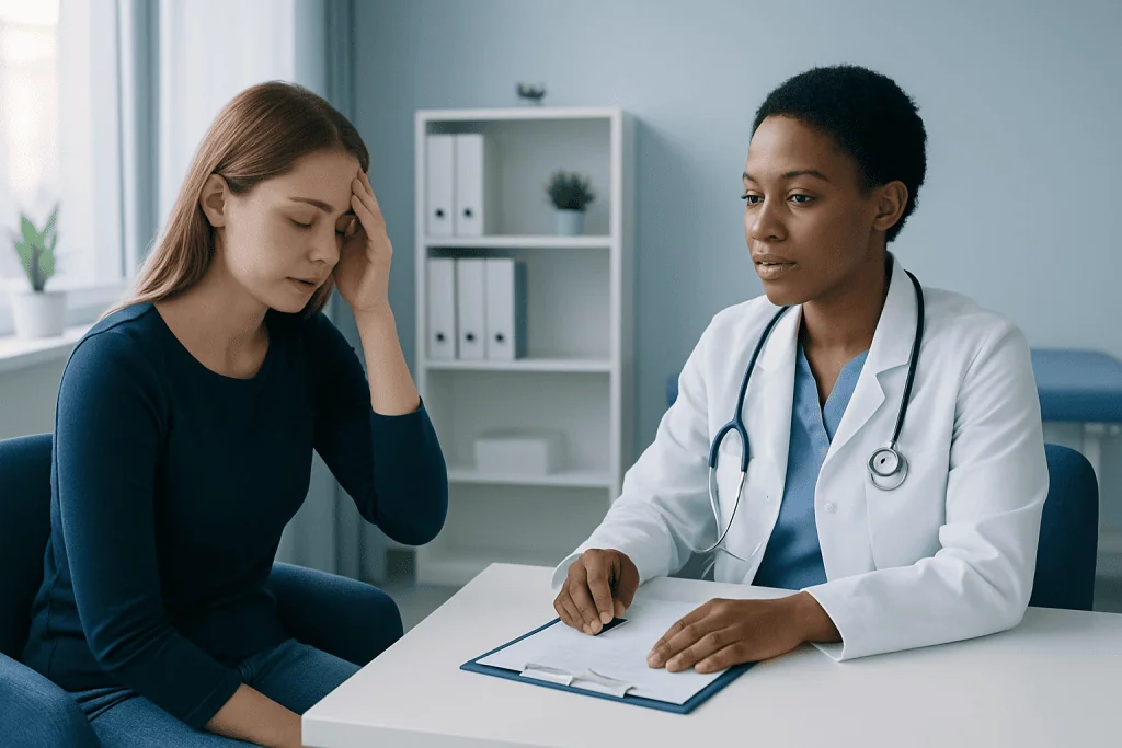 Doctor consulting with a patient about fainting spells in a medical office.