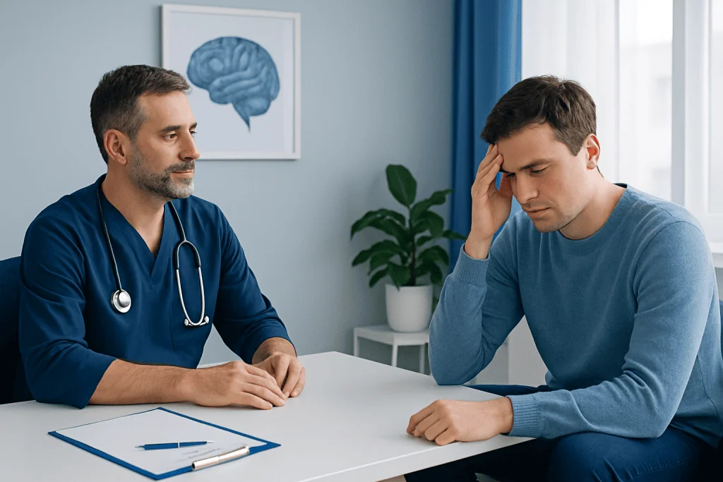 Doctor consulting with a young male patient about brain injury symptoms.