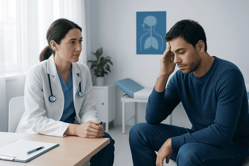 Doctor consulting with a patient about sleep issues in a medical office.