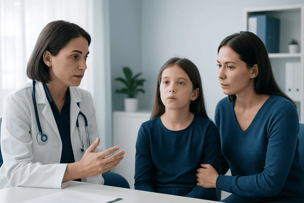 Doctor discussing child's health with mother in a clinic setting.