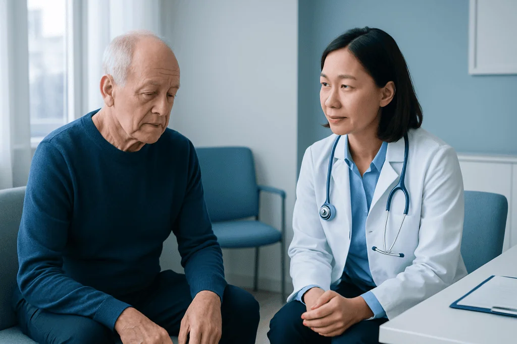 Doctor consulting an elderly patient in a medical office.
