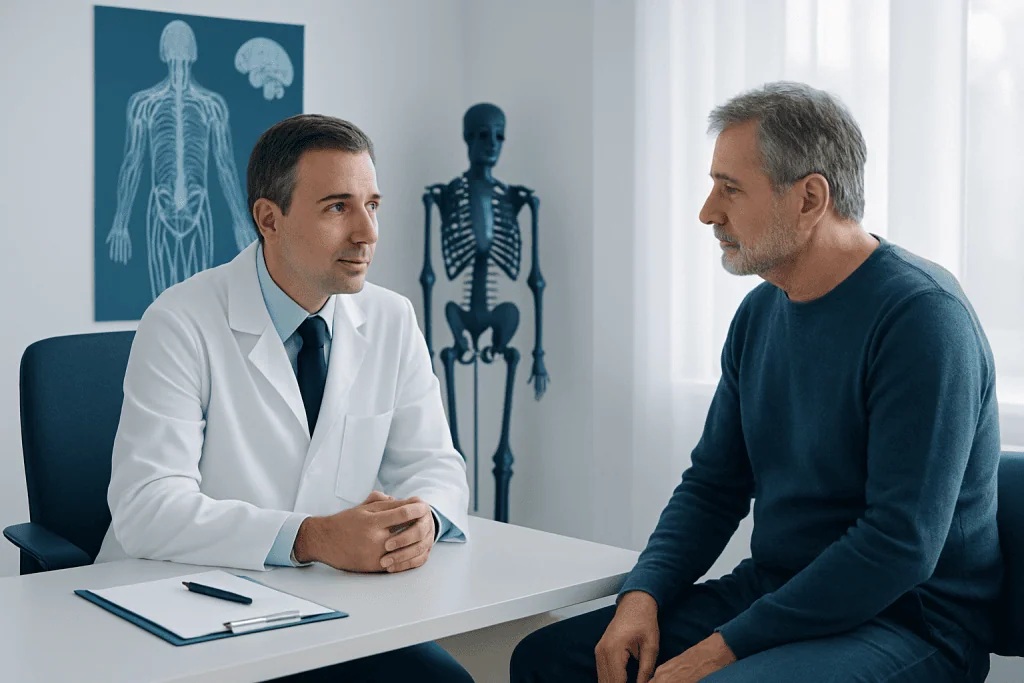Doctor consulting with patient about neuromuscular health in clinic.