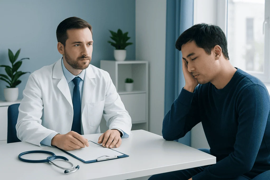 Doctor consulting with patient about sleep issues in a clinic setting.