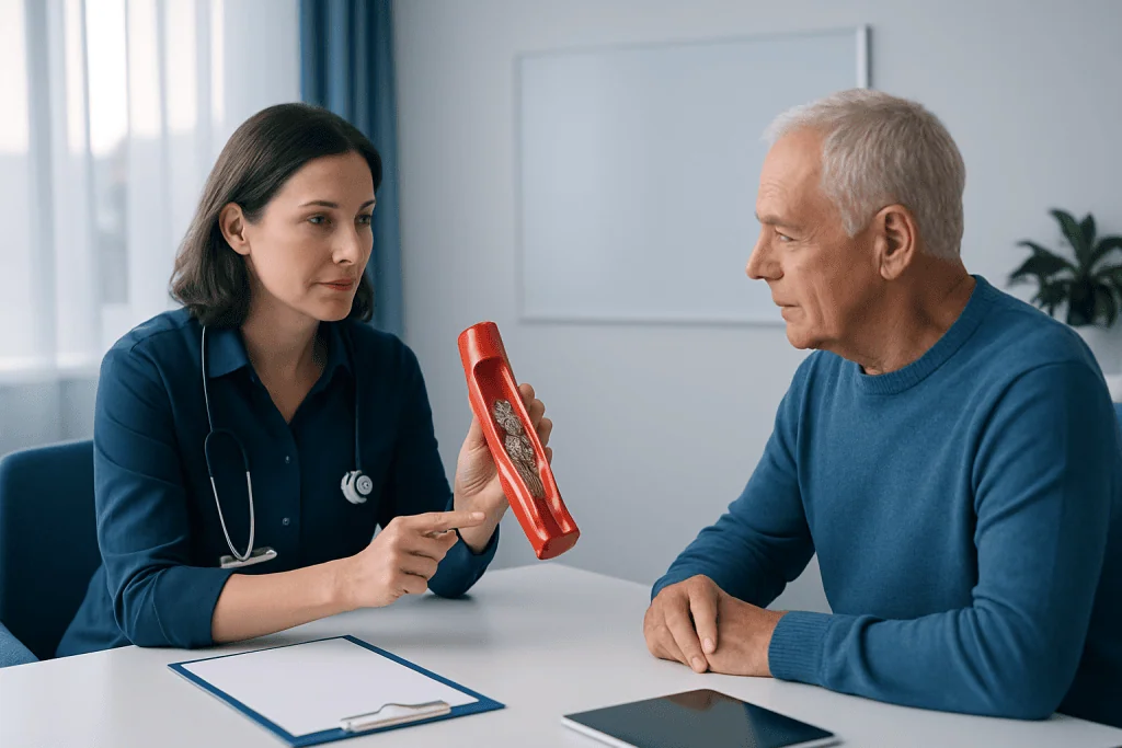 Doctor explaining heart stent procedure to patient with model.