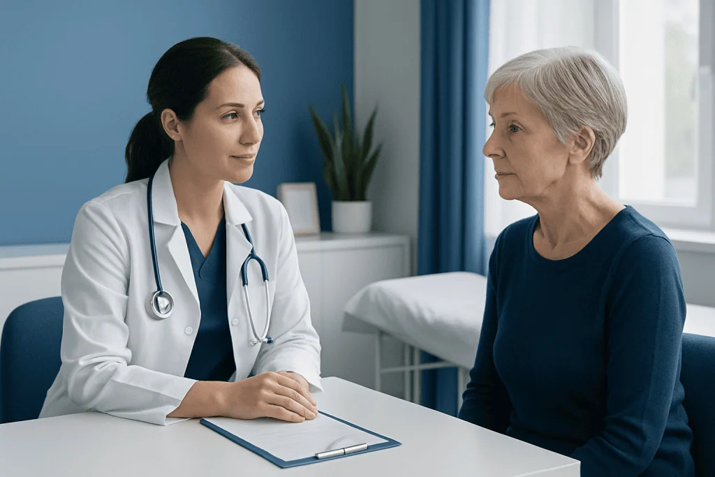 Doctor consulting with an elderly female patient in a medical office.