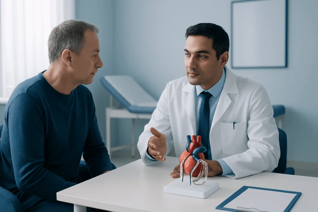 Cardiologist explaining heart health to patient in clinic.