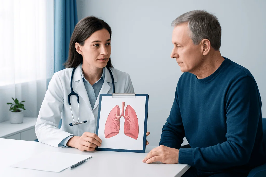 Doctor explaining lung anatomy to patient during consultation.
