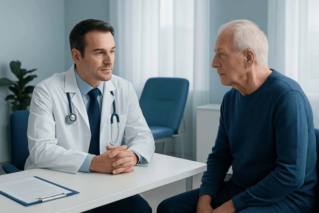 Doctor consulting with elderly male patient in a medical office.