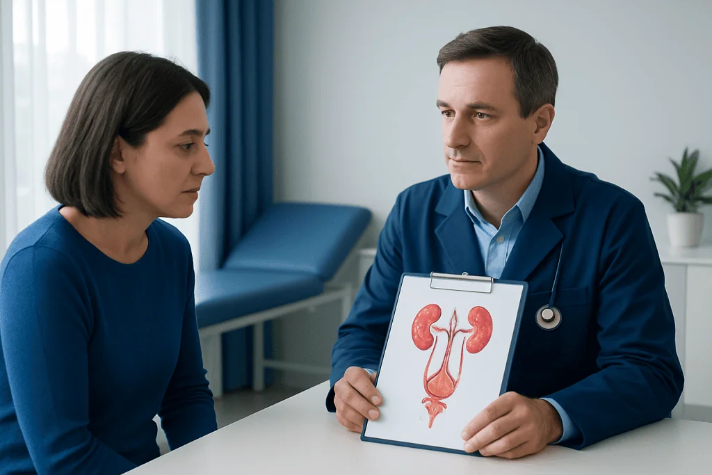 Doctor explaining urinary system with diagram to patient in consultation room.
