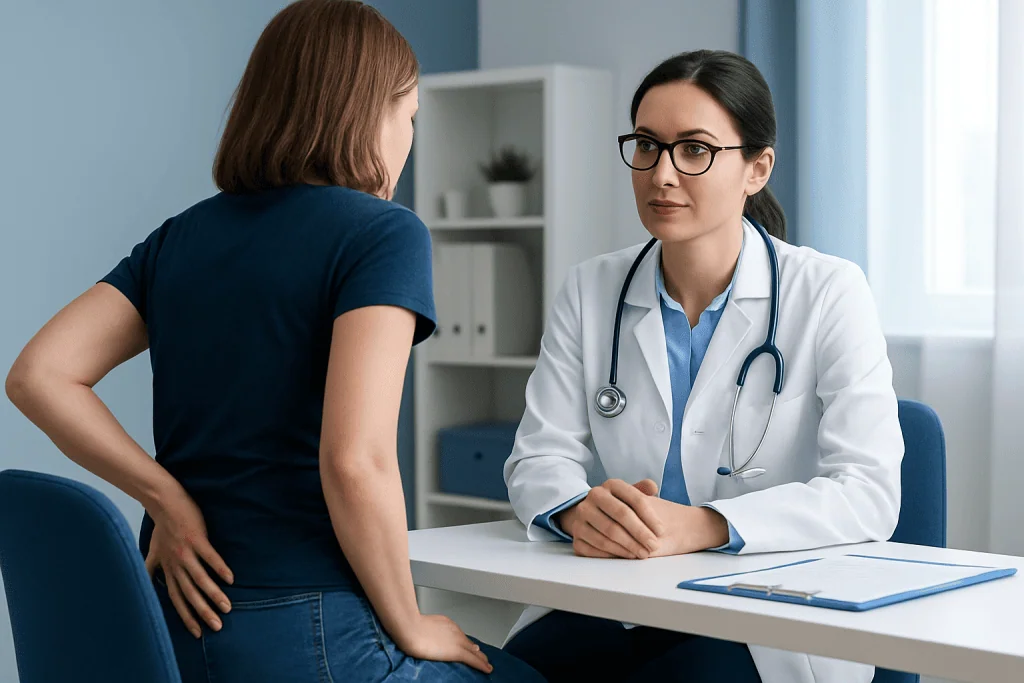 Doctor consulting patient about buttock bruising in a medical office.