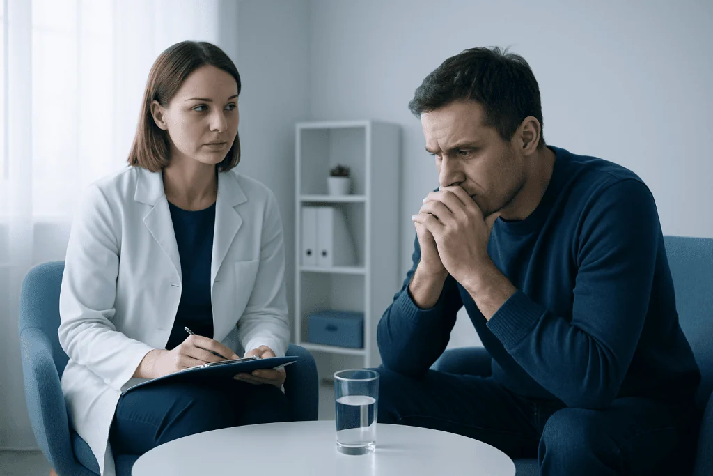 Therapist and patient in counseling session at Acibadem Hospital.