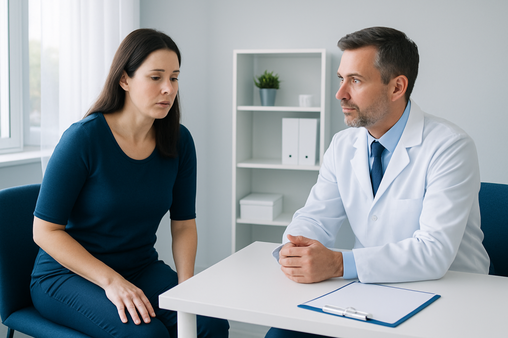 Doctor consulting a patient about leg cramps in a medical office.