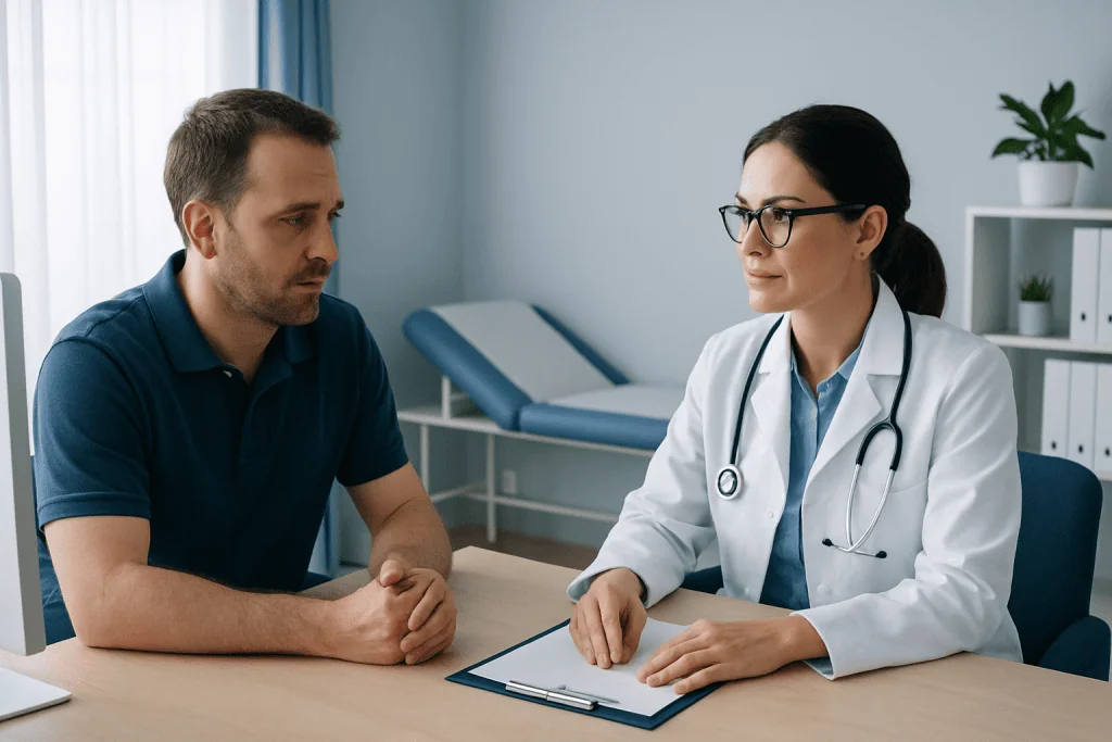 Doctor consulting male patient in a medical office setting.