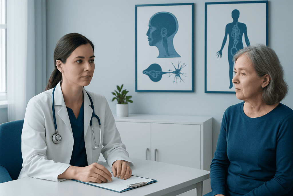 Doctor consulting with an elderly patient in a medical office.