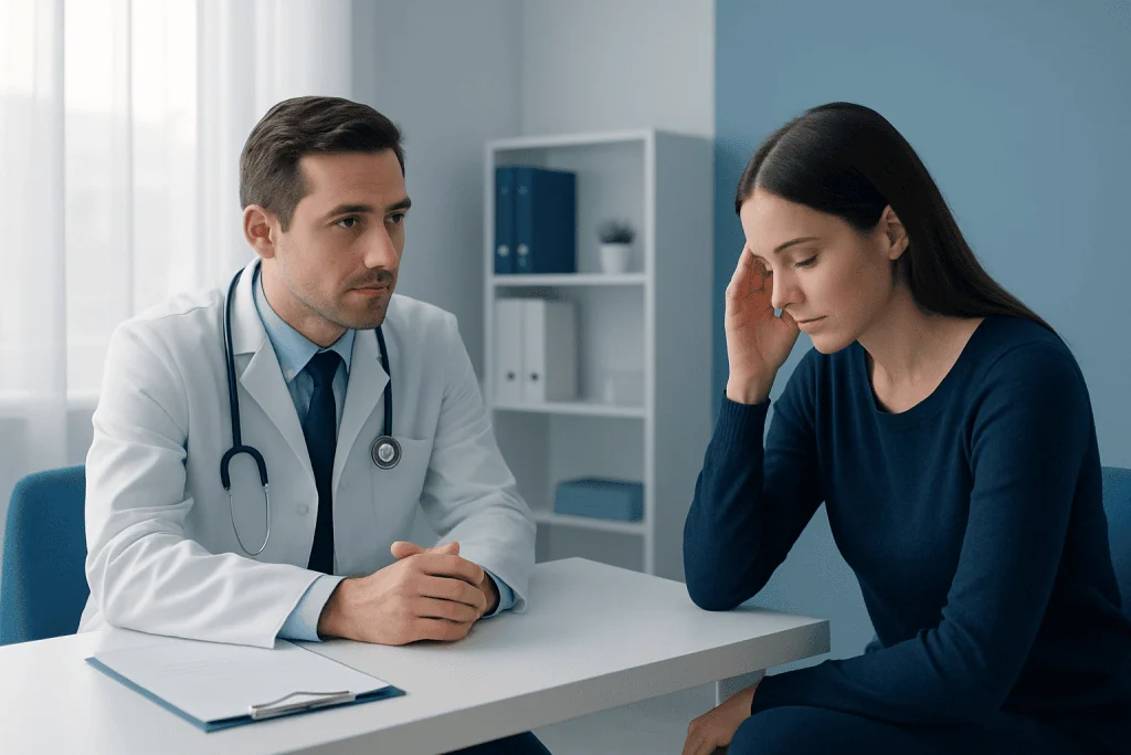 Doctor consulting with a woman patient about health concerns in a clinic.
