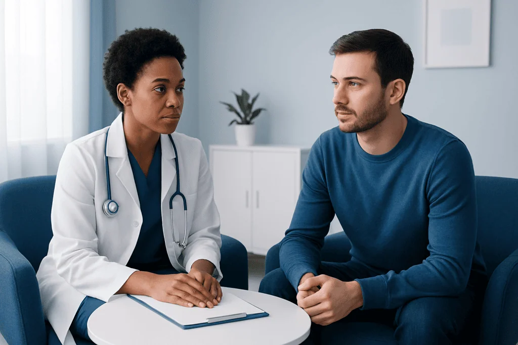 Doctor consulting patient about epilepsy tests and diagnosis.