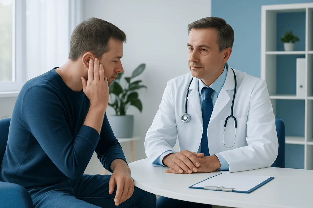 Doctor consulting with patient about tinnitus symptoms in a medical office.