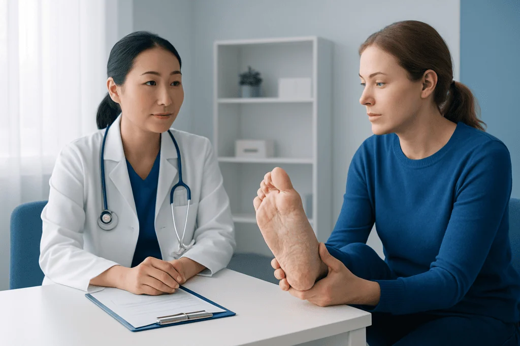 Doctor examining a patient's foot for peeling skin at a clinic.