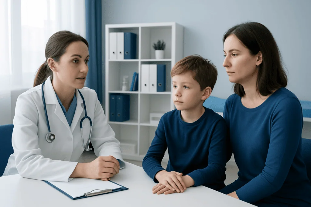 Pediatric consultation with a doctor and mother discussing child's health.