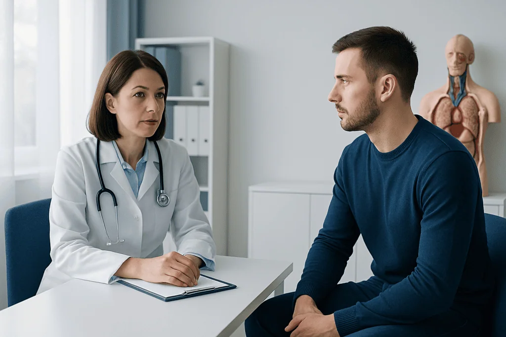 Doctor consulting with a male patient in a medical office setting.