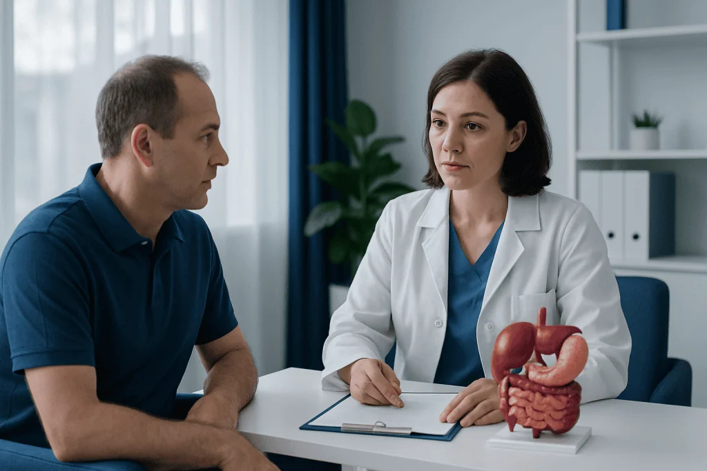 Doctor explaining digestive health to patient in clinic setting.