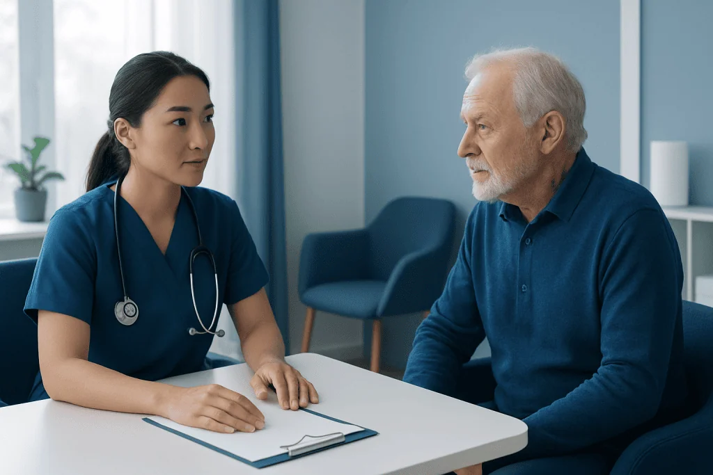 Doctor consulting with elderly male patient in a medical office.