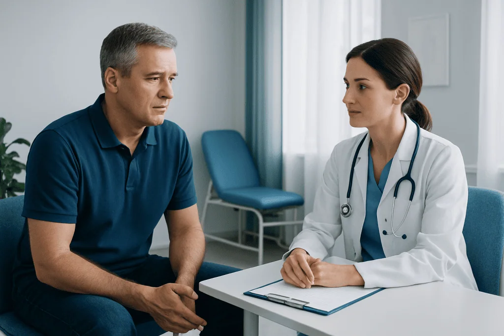 Doctor consulting with male patient in a medical office setting.