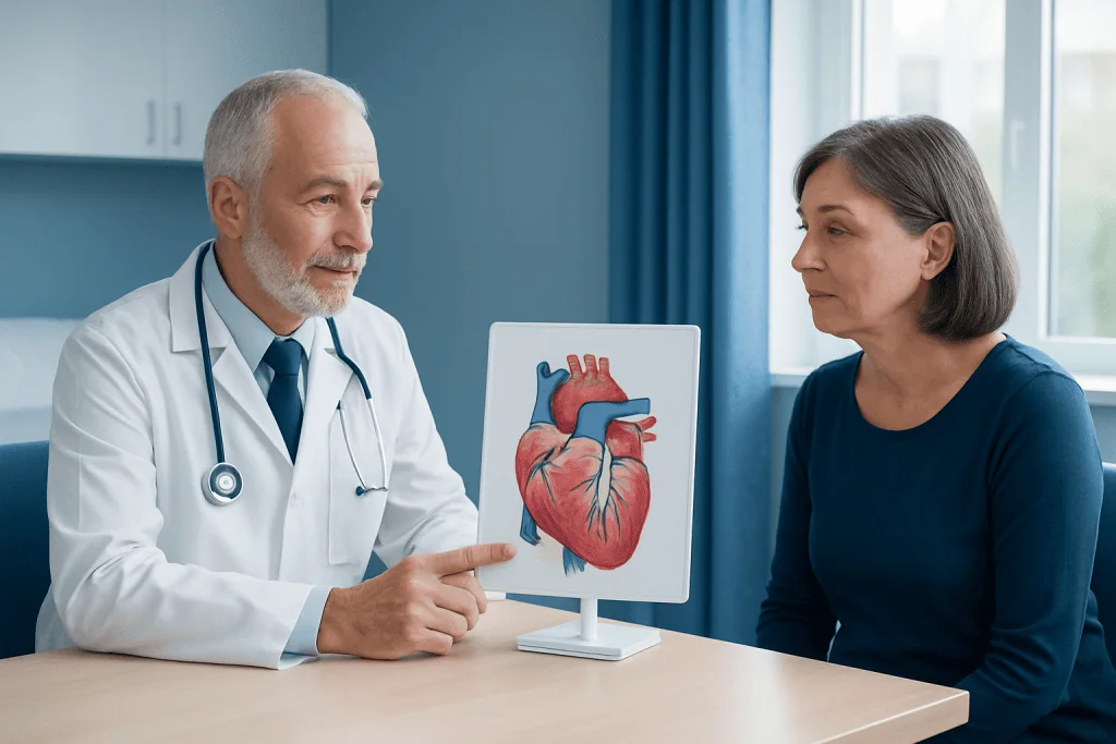 Cardiologist explaining heart health to a patient with a heart diagram.