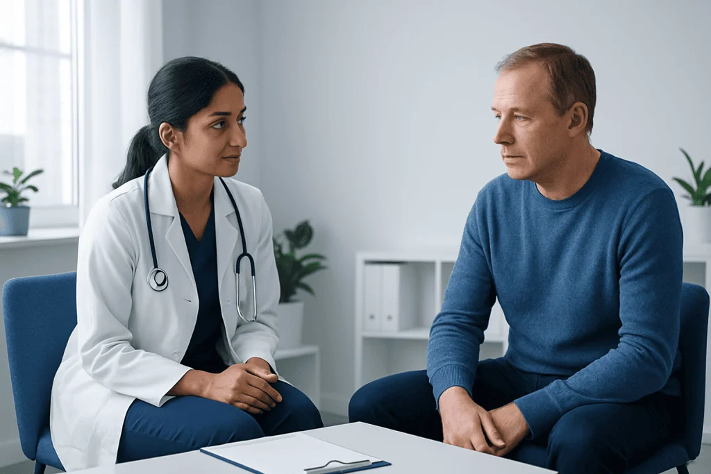 Doctor consulting with male patient in a medical office setting.