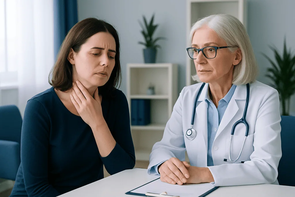 Woman with sore throat consulting a doctor in a medical office.