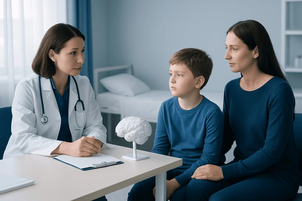 Pediatric neurologist consulting with young patient and mother in hospital.