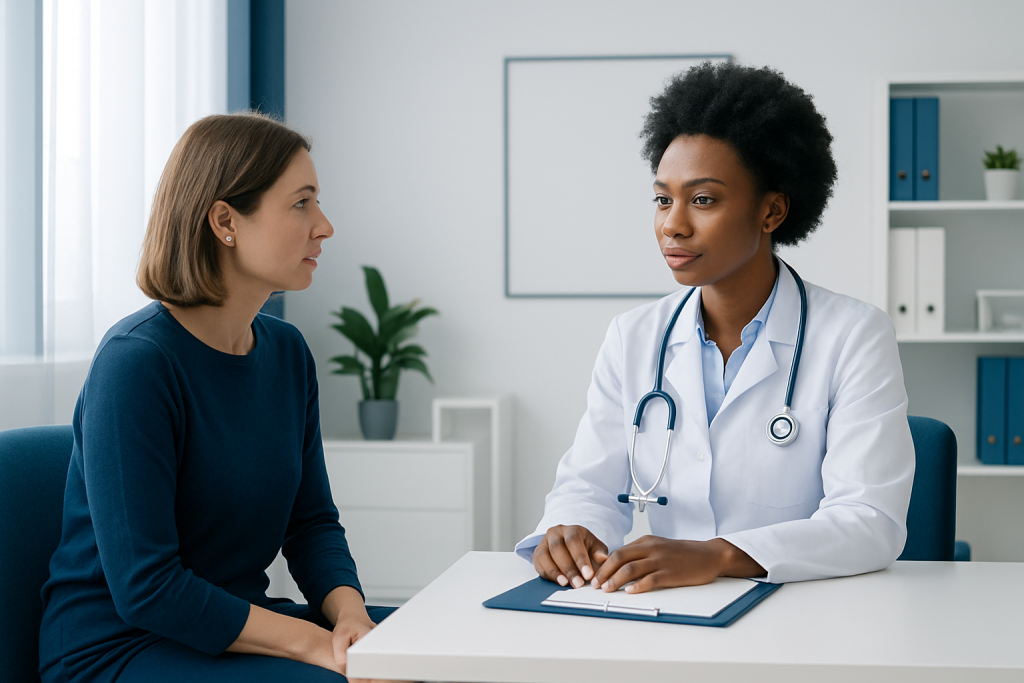Doctor consulting with a patient in a modern medical office.