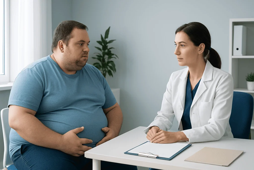 Doctor consulting with a morbidly obese patient in a medical office.