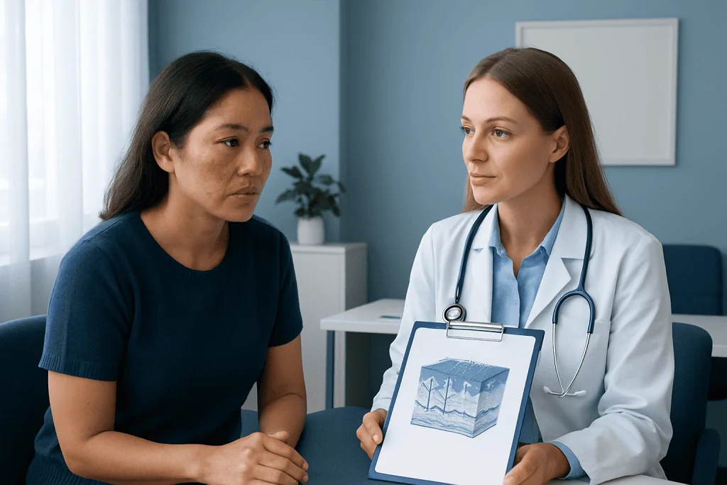 Dermatologist explains skin treatment options to patient in clinic.