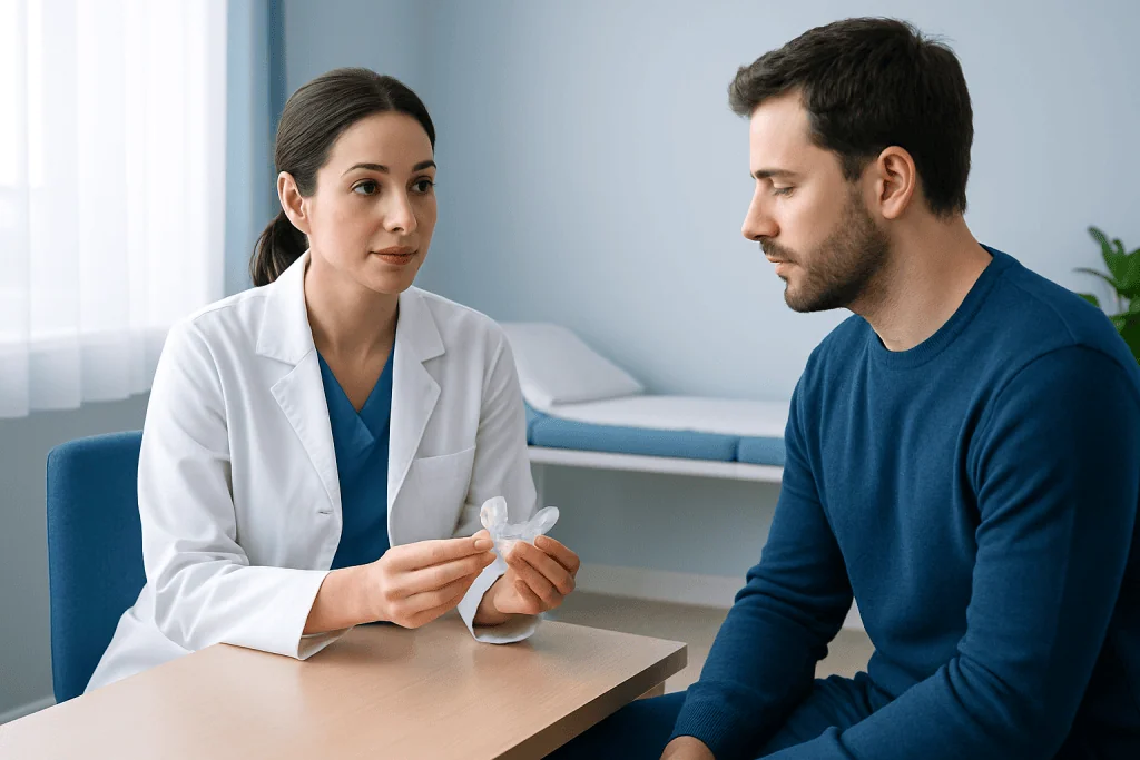 Dentist explaining a mouthguard to a patient in a clinic setting.