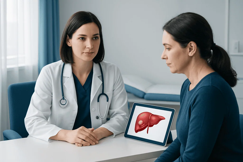 Doctor explaining liver health to patient with liver diagram on tablet.