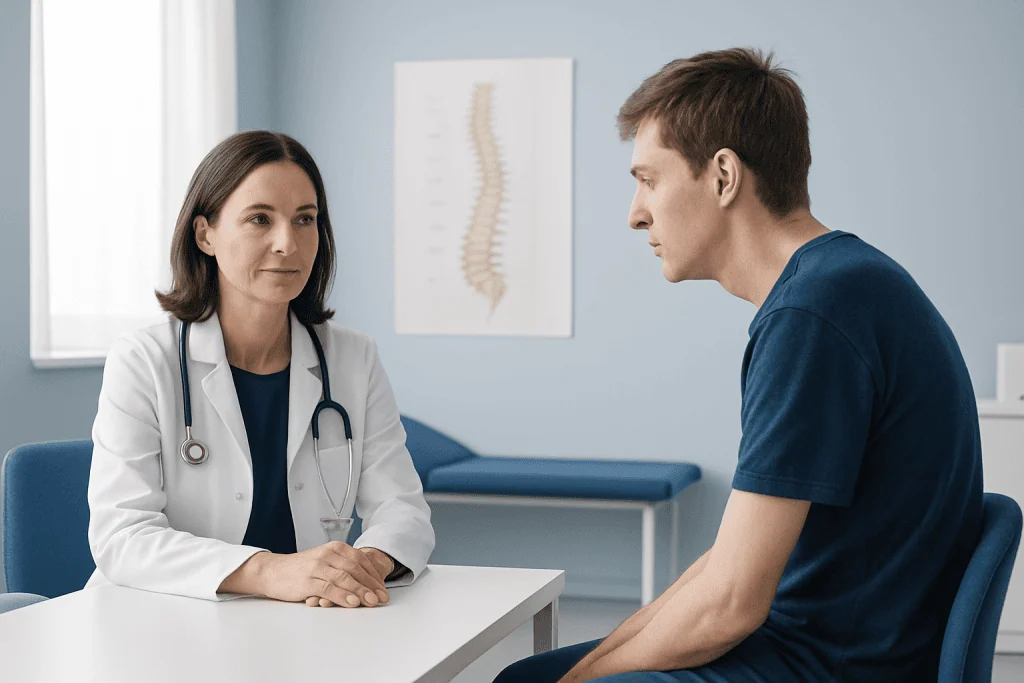 Doctor consulting patient about spinal health and kyphosis.