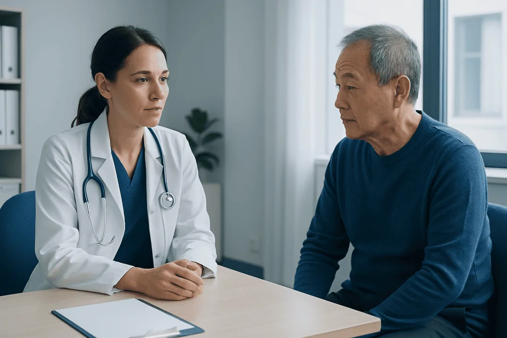 Doctor consulting with an elderly male patient in a medical office.