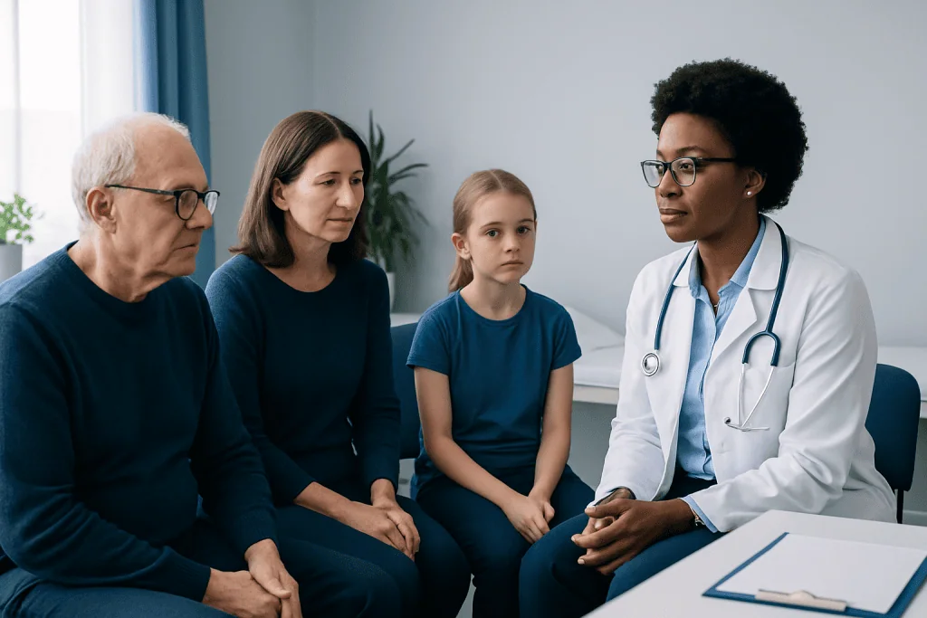 Doctor consulting with a family about meningitis symptoms and treatment options.