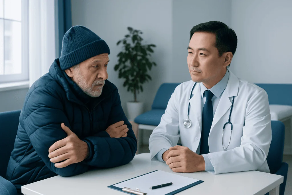 Doctor consulting with elderly patient about hypothermia symptoms and treatment.