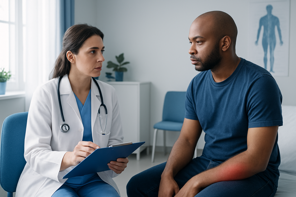 Doctor consulting with patient about skin condition in clinic.