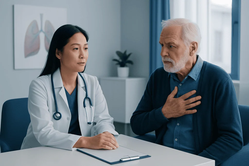 Doctor consulting with an elderly male patient about respiratory health.