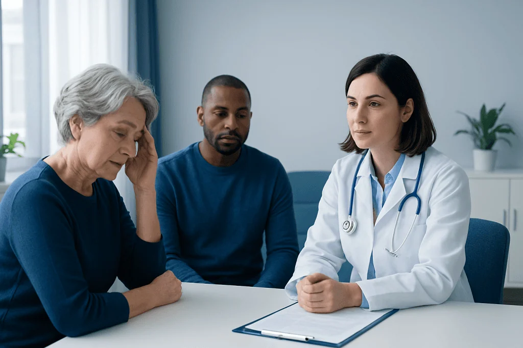 Doctor consulting with elderly patient and companion in a medical office.
