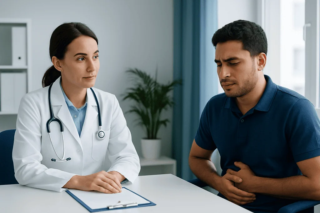 Doctor consulting with a patient about health concerns in a medical office.