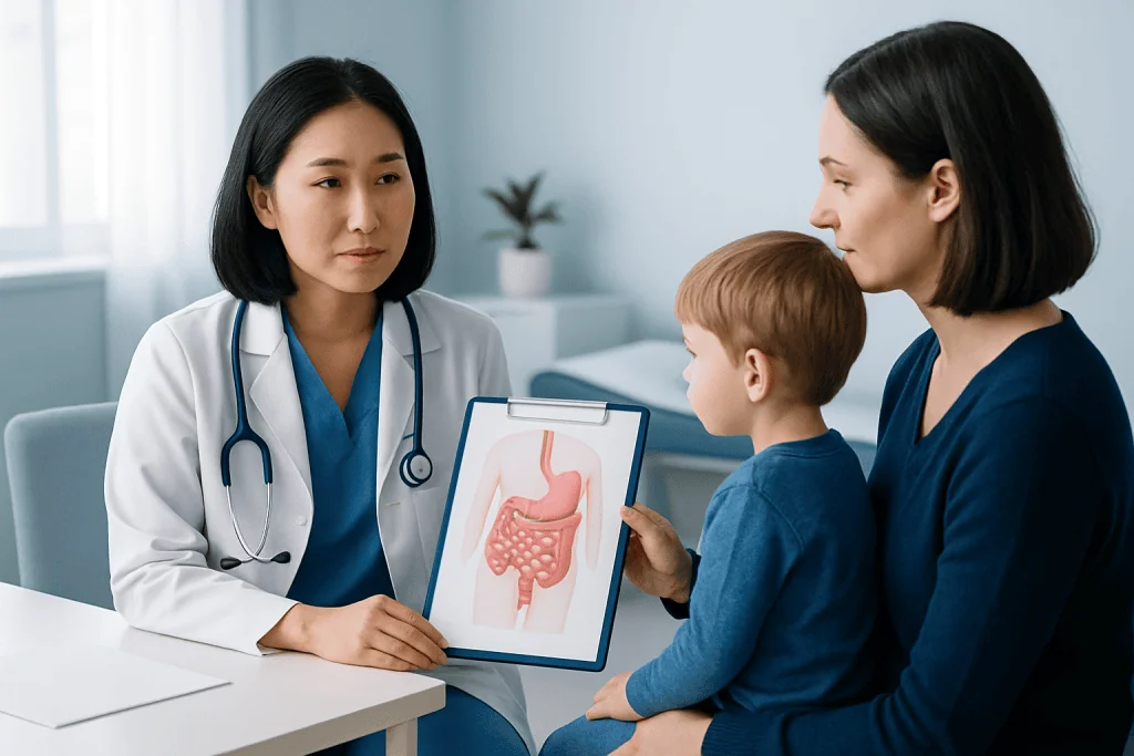 Pediatric consultation on digestive health with doctor showing intestinal diagram.