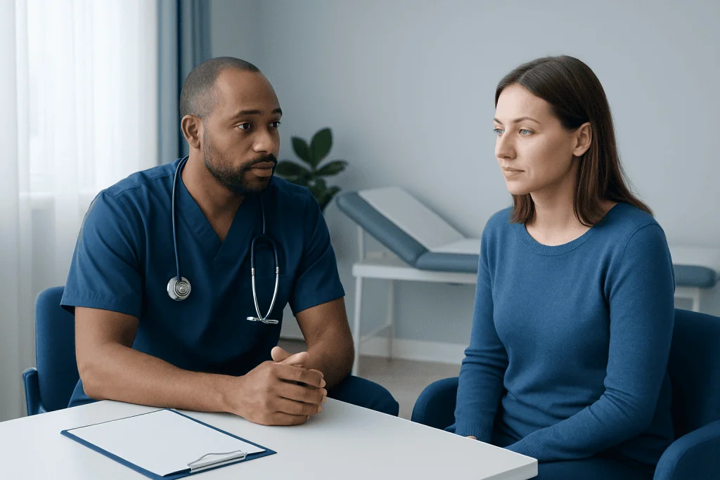 Doctor consulting with a female patient in a medical office.