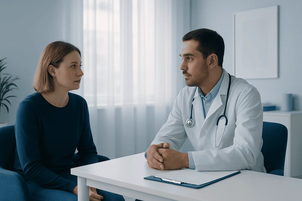 Doctor consulting with a young female patient in a medical office.