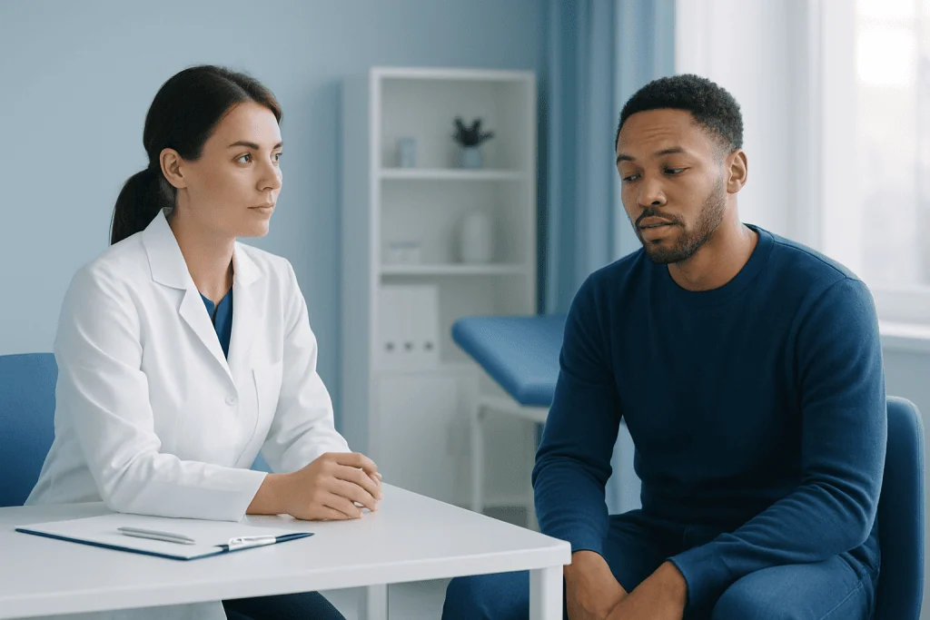 Doctor consulting with a patient about sleep issues in a clinic setting.